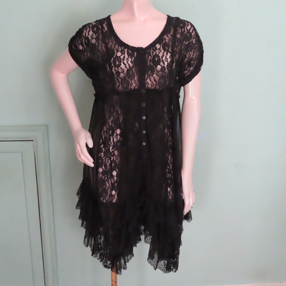 Free People Black Lace Sheer Tunic S Romantic Asymmetric Hem Cap Sleeves